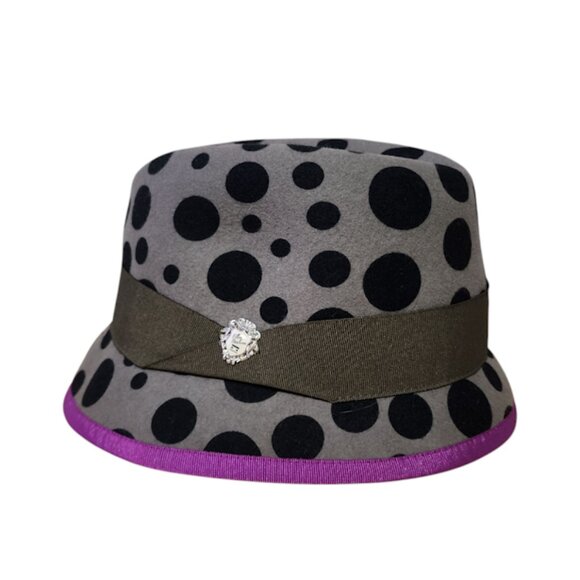 ELLEN PAULSSEN 100% wool Germany polkadot fedora hat grey purple - Picture 4 of 8